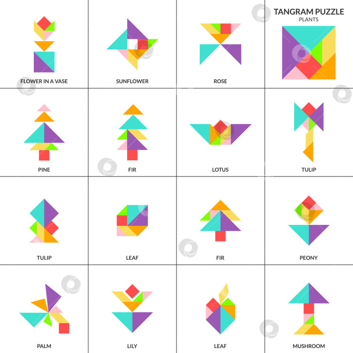 Скачать Головоломка "Танграм". Векторный набор с различными растениями. фотосток Ozero