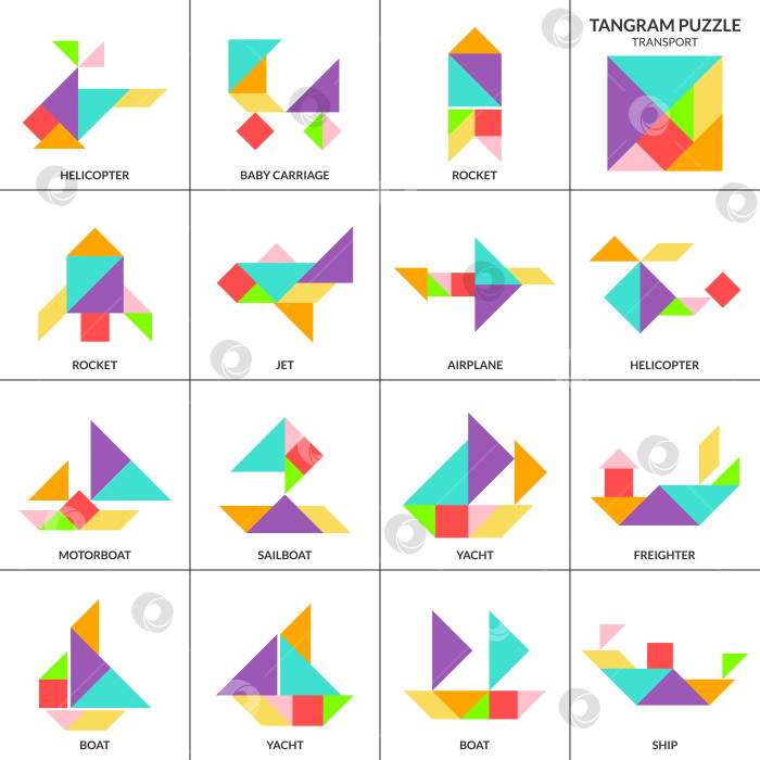 Скачать Игра-головоломка "Танграм". Набор векторов с различными видами транспорта фотосток Ozero