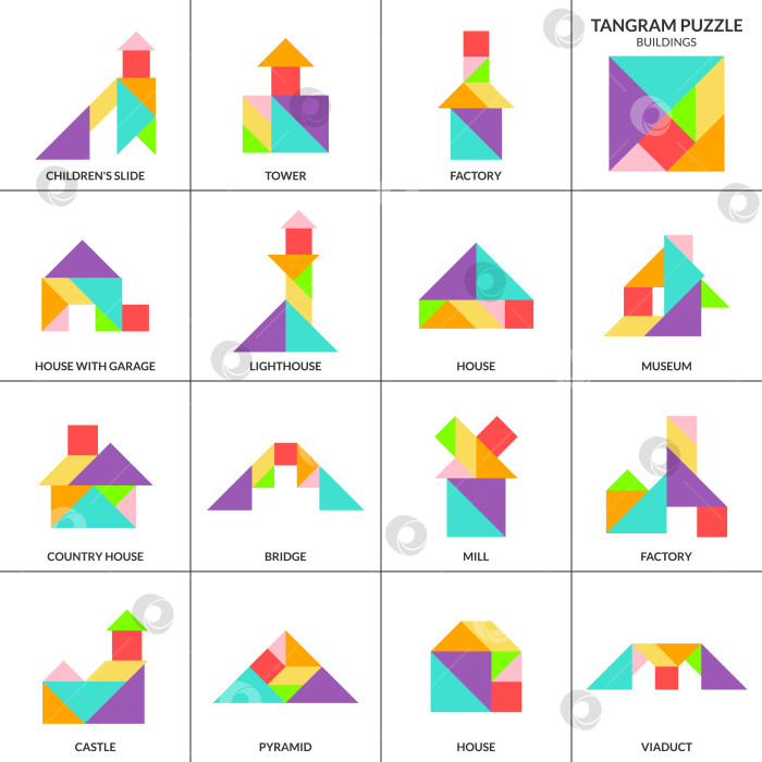 Скачать Головоломка Танграм. Векторный набор с различными зданиями. фотосток Ozero