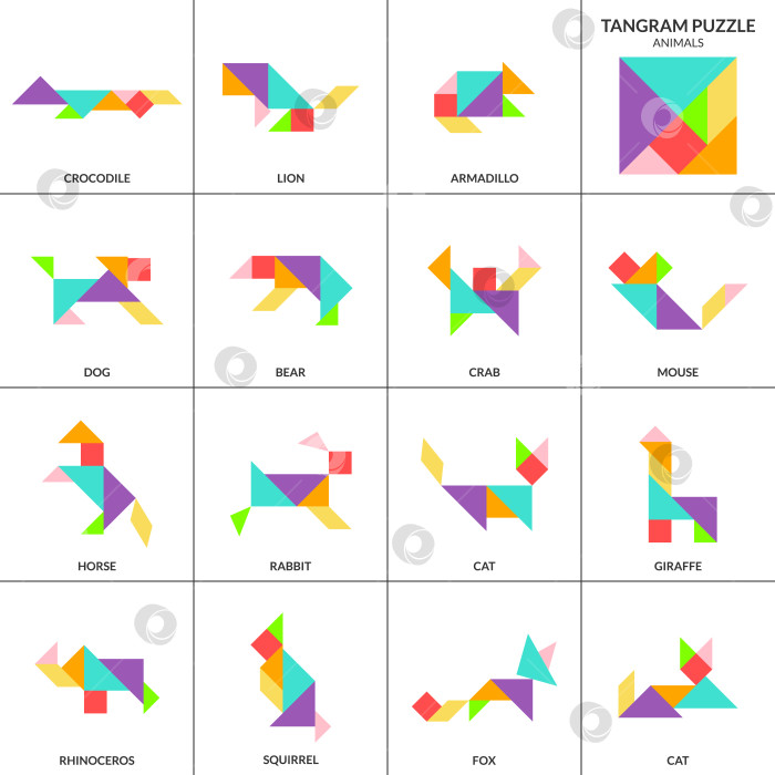 Скачать Головоломка "Танграм". Набор векторов с различными животными. фотосток Ozero