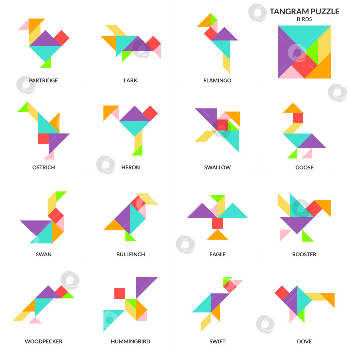 Скачать Игра-головоломка "Танграм". Набор векторов с различными птицами фотосток Ozero