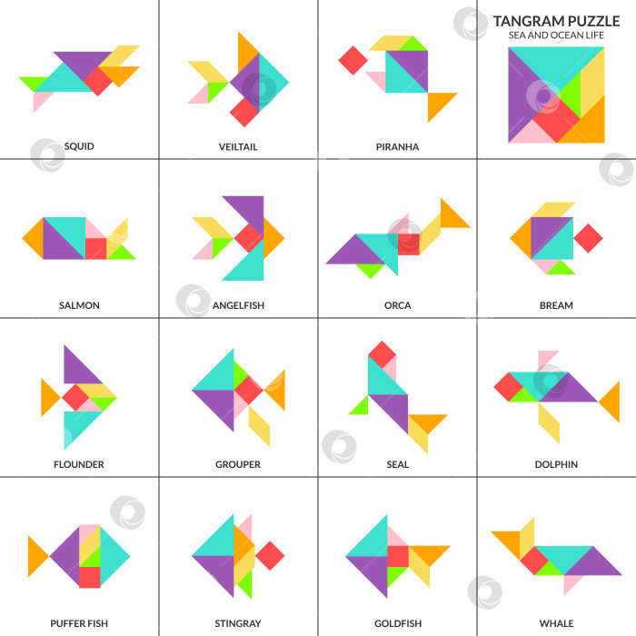 Скачать Игра-головоломка "Танграм". Набор векторов с различными рыбками фотосток Ozero