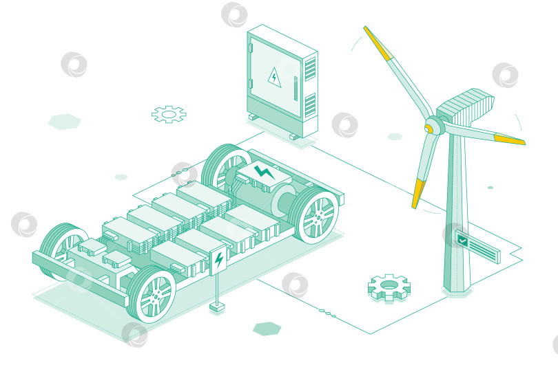 Скачать Платформа для электромобиля с трансформатором и ветряной турбиной. Шасси с блоком литиевых аккумуляторов. Модульная система. Объект изометрических очертаний, выделенный на белом фоне. Экосистема. фотосток Ozero