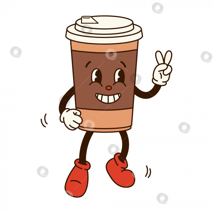 Скачать Заводной кофейный персонаж из ретро-мультфильма. Горячий кофе подойдет к глазам и рукам в перчатках. Изолированная плоская иллюстрация в стиле 60-70-х годов фотосток Ozero
