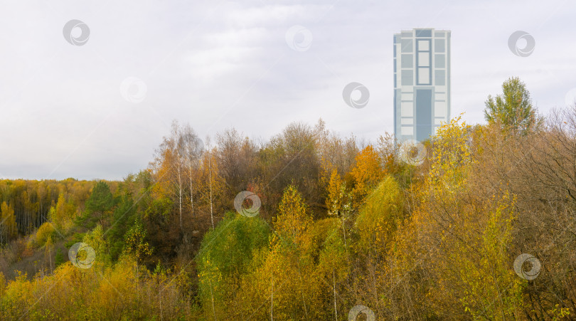 Скачать многоэтажное здание на вершине холма с осенними деревьями фотосток Ozero