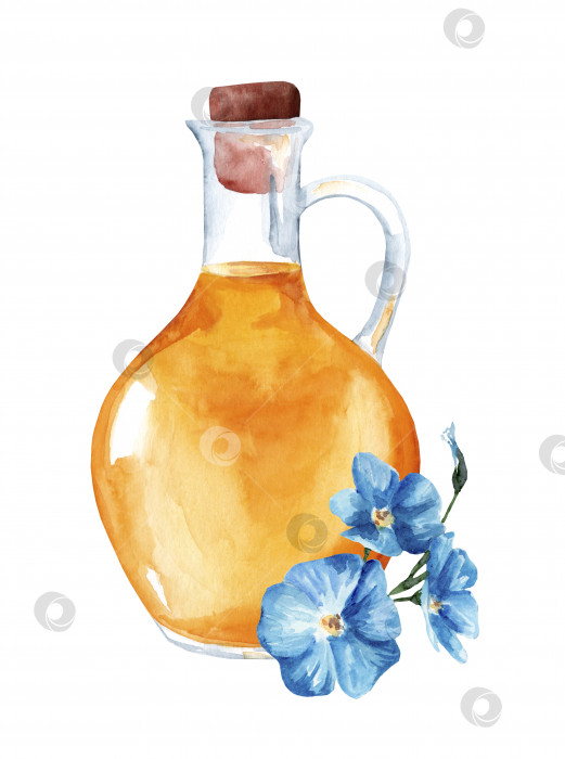 Скачать Стеклянная бутылка с льняным маслом и голубыми цветами льна. органический продукт. натуральный кулинарный ингредиент. Акварельная иллюстрация фотосток Ozero