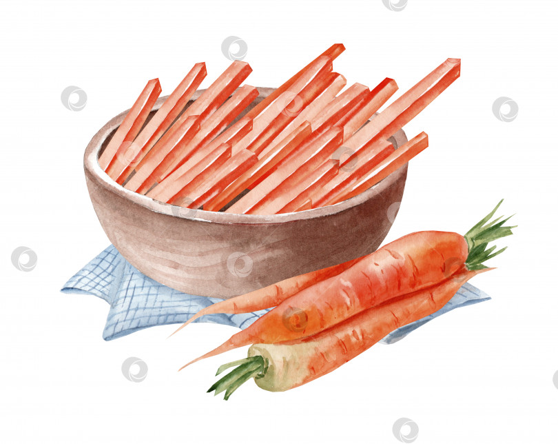Скачать Миску с нарезанной морковью. Акварельная иллюстрация, нарисованная от руки фотосток Ozero
