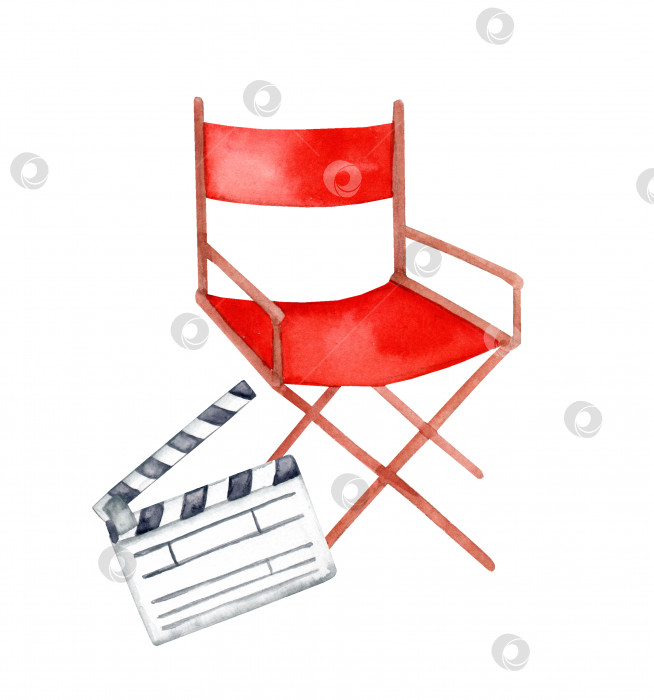 Скачать Режиссерское кресло и кинопленка. Съемочная площадка. Акварельная иллюстрация, нарисованная от руки фотосток Ozero