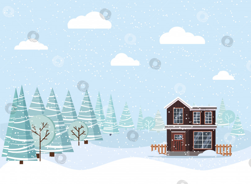 Скачать Зимний пейзаж с загородным домом, зимними деревьями, елями, облаками, снегом. фотосток Ozero