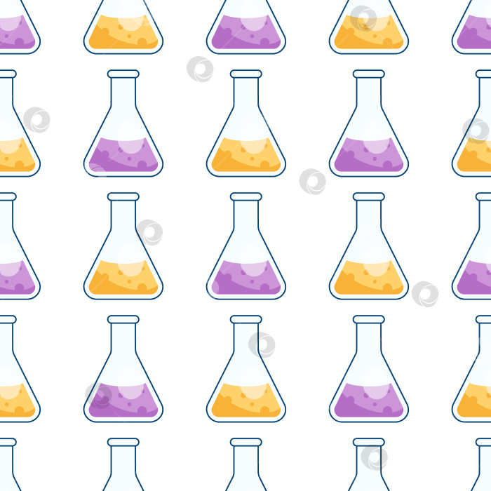 Скачать Химическая коническая колба с цветной жидкостью. Узор с колбами и реактивами. Бесшовный текстурный узор от Chemistry фотосток Ozero