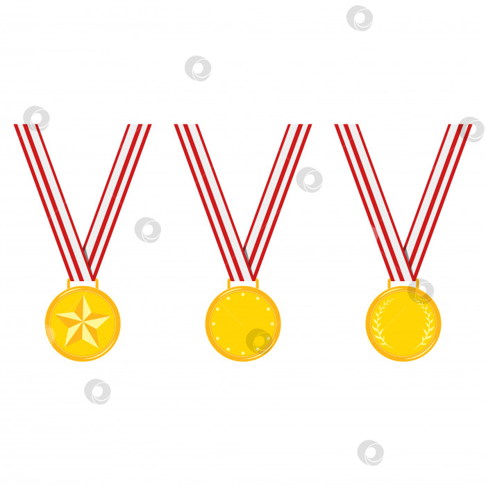 Скачать Золотые медали чемпиона с различным дизайном, разделенные красной лентой, установлены изолированно на белом фоне векторной плоской иллюстрации. фотосток Ozero