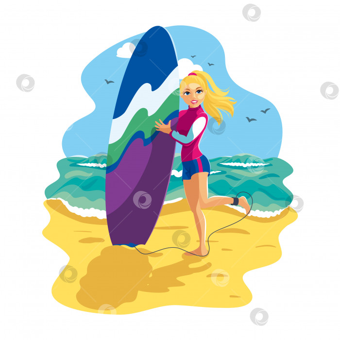 Скачать Молодая красивая улыбающаяся девушка стоит на берегу океана и держит в руках доску для серфинга. Лето, каникулы, серфинг, спорт. Мультяшный персонаж, изолированная векторная иллюстрация фотосток Ozero