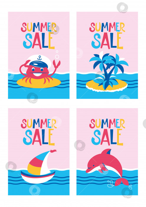 Скачать Набор тегов летней распродажи с пляжными символами: остров, дельфиниум, яхта, краб. Креативная концепция. Векторная иллюстрация, плоская, печать, открытка, этикетка, флаер, шаблон фотосток Ozero