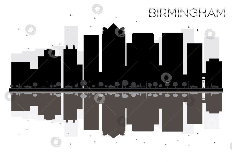 Скачать Черно-белый силуэт на горизонте Бирмингема с отражениями. Векторная иллюстрация. Простая плоская концепция для туристической презентации, баннера, плаката или веб-сайта. Городской пейзаж с достопримечательностями фотосток Ozero