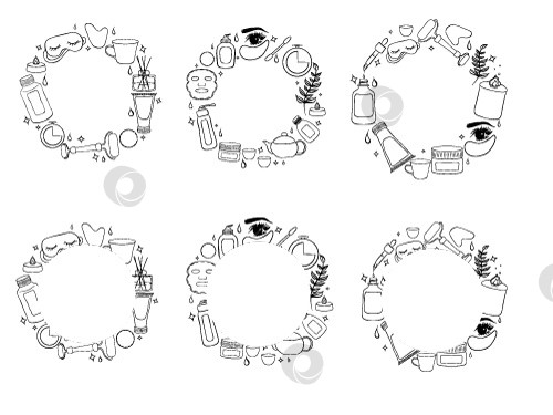 Скачать набор круглых рамок для векторной косметической линии. Круглые шаблоны с элементами каракулей. Можно использовать для оформления поздравительных открыток, плакатов и баннеров. фотосток Ozero
