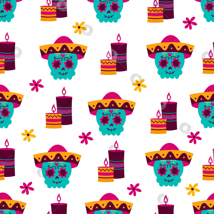 Скачать узор Мексика, мексиканские национальные элементы, череп, свечи, мексиканский праздник день смерти диа де лос муэртос фотосток Ozero