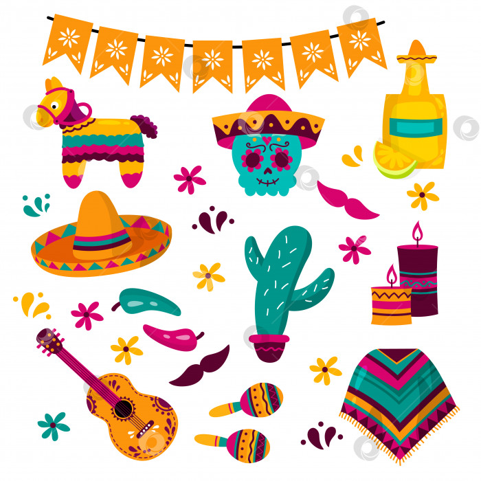 Скачать Коллекция символов мексиканской культуры. Гитара, сомбреро, маракасы, кактус, текила и пончо на белом фоне. фотосток Ozero