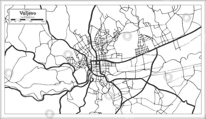 Скачать Карта города Валево, Сербия, выполненная в черно-белом цвете в стиле ретро. Схематическая карта. фотосток Ozero