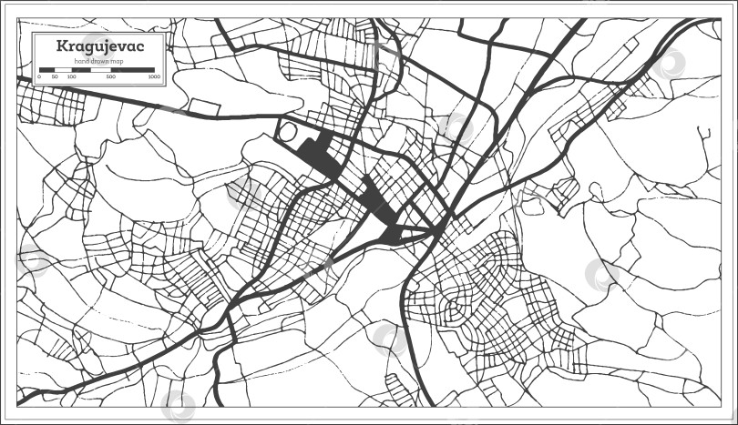 Скачать Карта города Крагуевац, Сербия, выполненная в черно-белом цвете в стиле ретро. Схематическая карта. фотосток Ozero