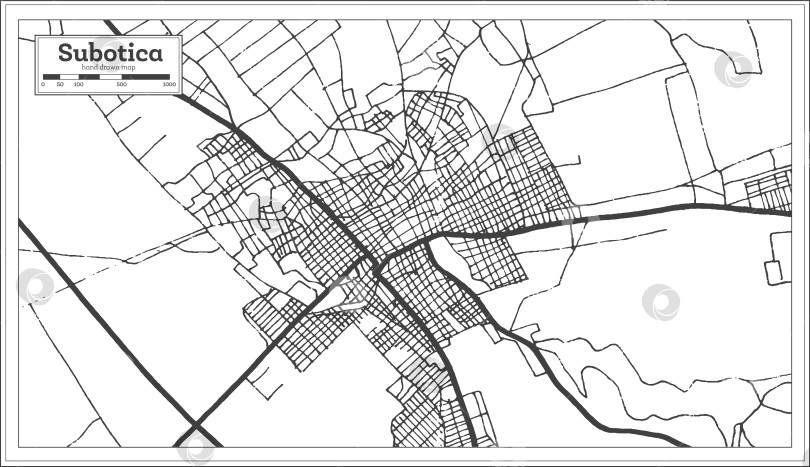 Скачать Карта города Суботица, Сербия, выполненная в черно-белом цвете в стиле ретро. Схематическая карта. фотосток Ozero