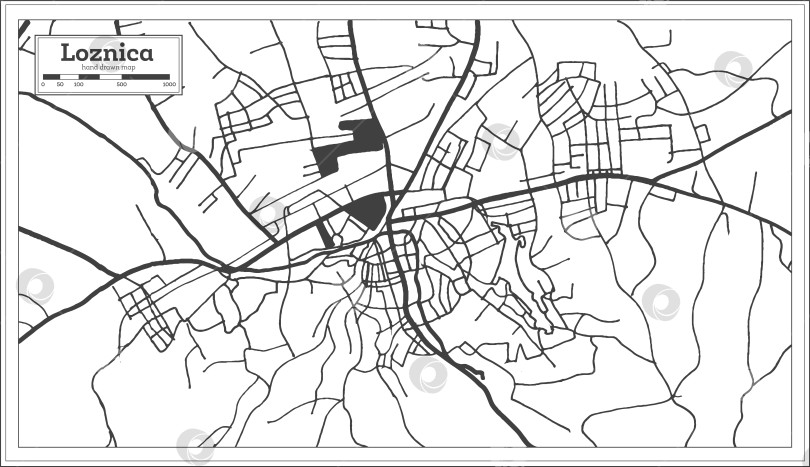 Скачать Карта города Лозница, Сербия, выполненная в черно-белом цвете в стиле ретро. Схематическая карта. фотосток Ozero