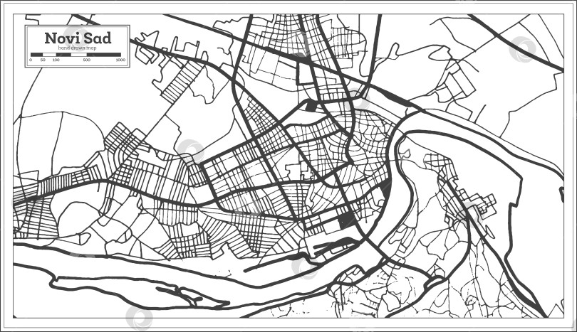 Скачать Карта города Нови-Сад, Сербия, выполненная в черно-белом цвете в стиле ретро. Схематическая карта. фотосток Ozero