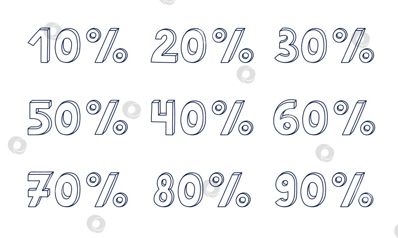 Скачать Необычный черно-белый набор с объемными 3d-надписями и скидкой от 10 до 90 процентов. Объемные цифры, нарисованные от руки, для "Черной пятницы" и супер-распродажи для бизнеса, офлайн-магазина, интернет-распродажи. фотосток Ozero