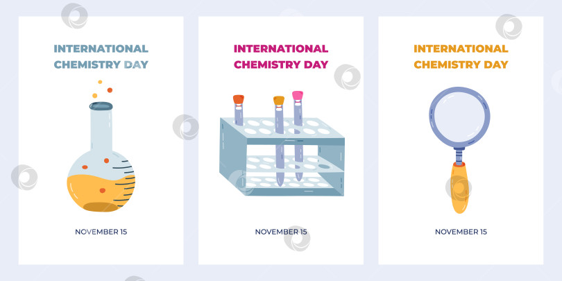 Скачать Набор симпатичных вертикальных плакатов к Международному дню химии 15 ноября с научными мультфильмами и химическим клипартом. Минималистичная праздничная концепция для баннера, фонового шаблона для веб-сайта, медиа. фотосток Ozero