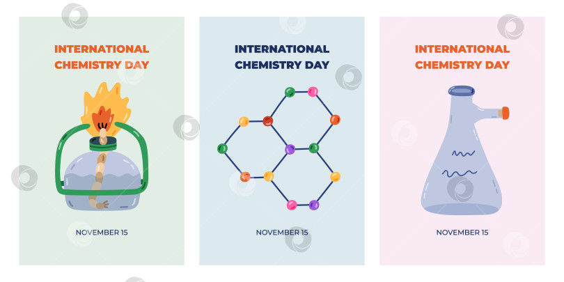 Скачать Набор симпатичных вертикальных плакатов к Международному дню химии 15 ноября с научными мультфильмами и химическим клипартом. Минималистичная праздничная концепция для баннера, фонового шаблона для веб-сайта, медиа. фотосток Ozero