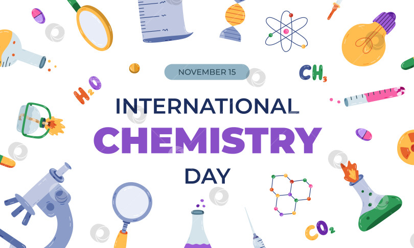 Скачать Симпатичный горизонтальный баннер к Международному дню химии 15 ноября с мультяшным химическим, лабораторным, научным клипартом. Праздничная концепция для плаката, фонового шаблона для веб-сайта, СМИ. фотосток Ozero