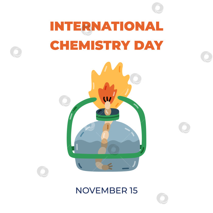 Скачать Квадратный симпатичный баннер к Международному дню химии 15 ноября с мультяшной лабораторной горелкой, спиртом и веревкой. Простая праздничная концепция для плаката, фонового шаблона, веб-сайта, СМИ. фотосток Ozero