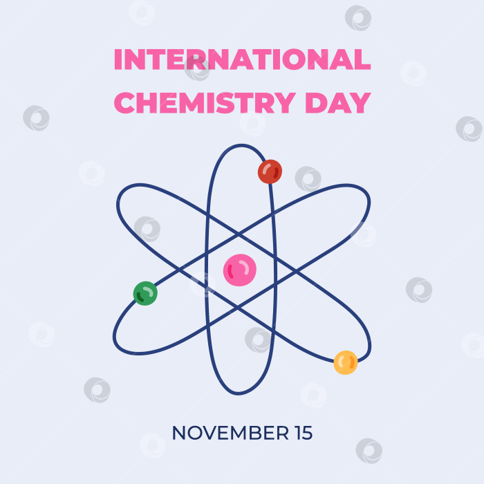 Скачать Квадратный симпатичный баннер к Международному дню химии 15 ноября с мультяшной диаграммой атомов. Минималистичная концепция научного праздника для плаката, фонового шаблона для веб-сайта, социальных сетей. фотосток Ozero