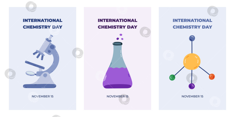 Скачать Набор симпатичных вертикальных плакатов к Международному дню химии 15 ноября с научными мультфильмами и химическим клипартом. Минималистичная праздничная концепция для баннера, фонового шаблона для веб-сайта, медиа. фотосток Ozero