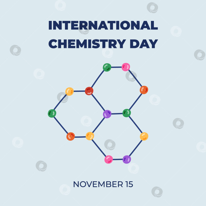 Скачать Квадратный симпатичный баннер к Международному дню химии 15 ноября с мультяшной структурой химической молекулы. Минималистичная концепция праздника для плаката, фонового рисунка, веб-сайта, социальных сетей. фотосток Ozero