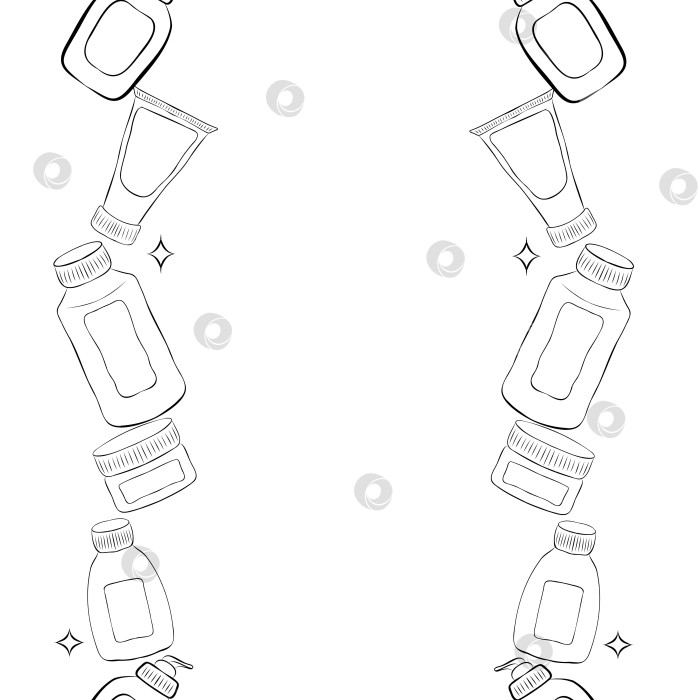 Скачать Бесшовный узор вертикальной рамки с нарисованными от руки линиями спа, косметики, красоты, элементов ухода за собой. Иллюстрация для салона красоты, магазина косметики, дизайна макияжа. Векторное изображение. фотосток Ozero