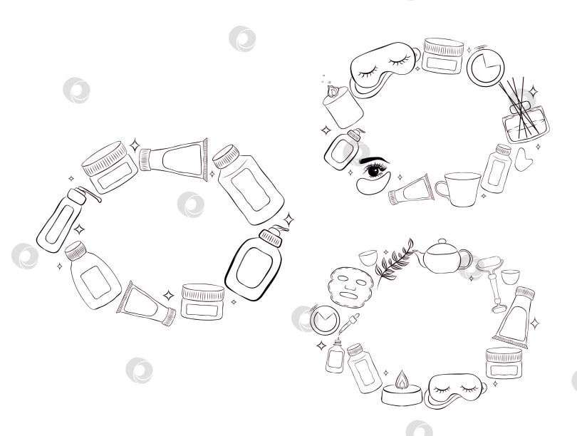 Скачать Векторный набор овальных рамок с азиатскими средствами по уходу за кожей: Очищающая пена, листовая маска, сыворотка, увлажняющий крем, крем для век, ночной крем, свеча, диффузор, валик. Векторная линия рамки фотосток Ozero