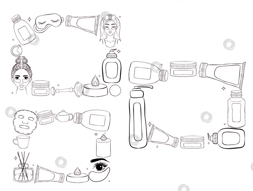 Скачать Набор векторных овальных рамок для ежедневного ухода за кожей с натуральными продуктами органической косметики в бутылочках, баночках, тюбиках для ухода за кожей в модном стиле каракули. Симпатичная мотивирующая и вдохновляющая надпись girl power. Векторная иллюстрация фотосток Ozero