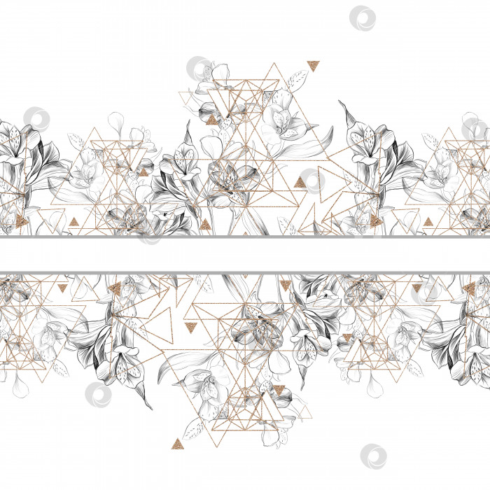 Скачать Цветочная и геометрическая кайма с лилиями и треугольниками. Художественная иллюстрация нарисованной от руки линии фотосток Ozero