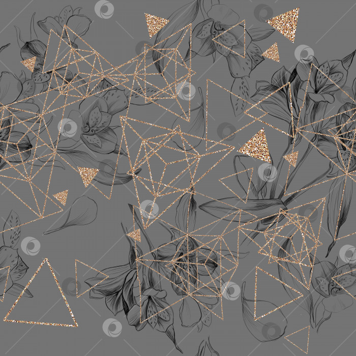 Скачать Бесшовный цветочный и геометрический узор с лилиями и треугольниками на сером фоне. Художественная иллюстрация нарисованной от руки линии фотосток Ozero