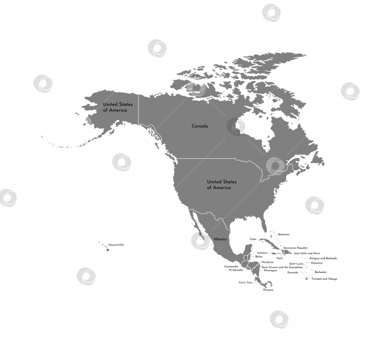 Скачать Векторная иллюстрация с упрощенной картой Североамериканского континента с границей штатов (страны: США, Мексика, Багамские острова, Канада, Коста-Рика, Куба и другие). Серые силуэты на белом фоне. фотосток Ozero