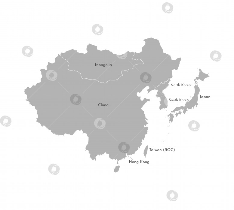 Скачать Векторная иллюстрация с упрощенной картой азиатских стран. Восточный регион. Государственные границы и названия Китая, Японии, Южной и Северной Кореи, Тайваня, Монголии. фотосток Ozero