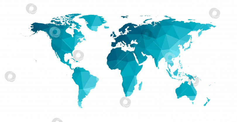 Скачать Векторная изолированная упрощенная карта мира. Синие градиентные силуэты на белом фоне. Низкополигональный стиль. Континенты Южной и Северной Америки, Африка, Европа и Азия, Австралия, Индонезийские острова фотосток Ozero