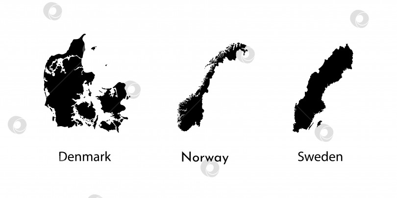 Скачать Набор векторных иллюстраций с черными силуэтами карт скандинавских государств (упрощенные очертания). Дания, Норвегия, Швеция. Белый фон фотосток Ozero