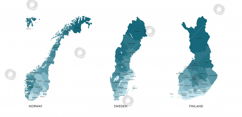 Скачать Векторная изолированная иллюстрация упрощенных административных карт Норвегии, Швеции, Финляндии. Границы и названия регионов (реальное соотношение государств по отношению друг к другу различно) фотосток Ozero