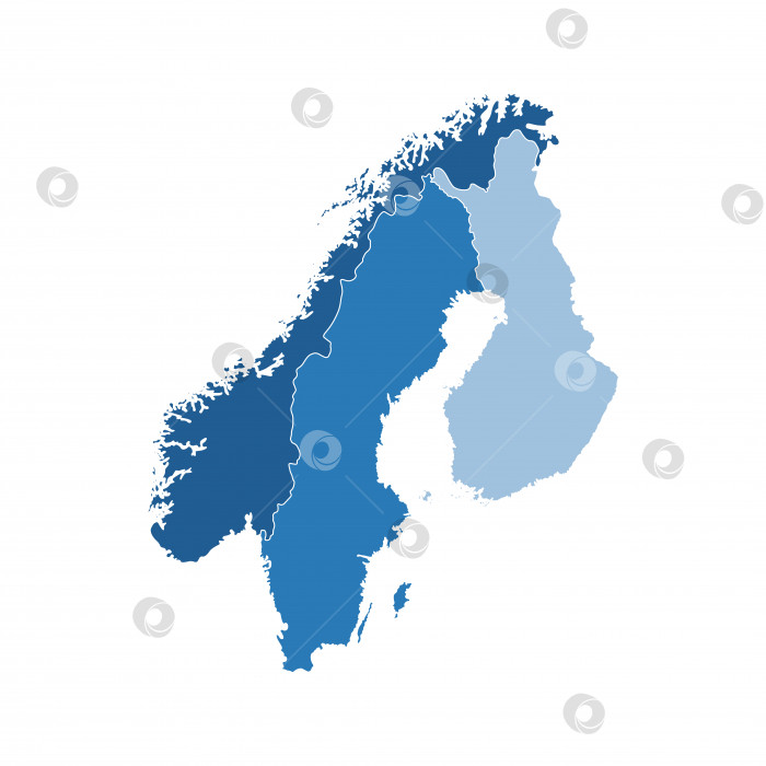 Скачать Векторная иллюстрация с упрощенной картой европейских скандинавских государств (Финляндия, Норвегия, Швеция). Синие силуэты, белый контур и фон фотосток Ozero