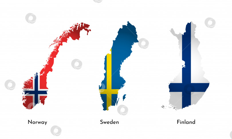 Скачать Упрощенные иконки иллюстраций с силуэтами карт Финляндии, Норвегии, Швеции. Национальные флаги. Белый фон (jpg) фотосток Ozero