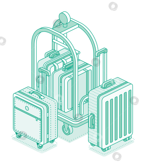 Скачать Изометрическая тележка-каталка с багажом и чемоданами. Оборудование отеля. Объект, выделенный белым цветом. Стойка регистрации отеля и обслуживание номеров. фотосток Ozero