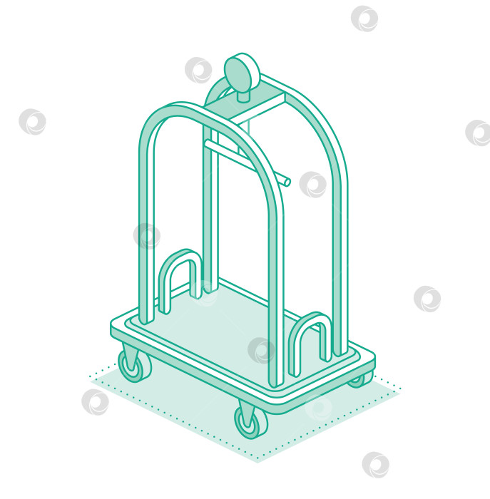Скачать Изометрическая тележка для перевозки багажа. Оборудование отеля. Объект, выделенный белым цветом. Стойка регистрации отеля и обслуживание номеров. фотосток Ozero