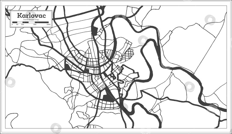 Скачать Карта города Карловац в Хорватии, выполненная в черно-белом цвете в ретро-стиле. Схематическая карта. фотосток Ozero