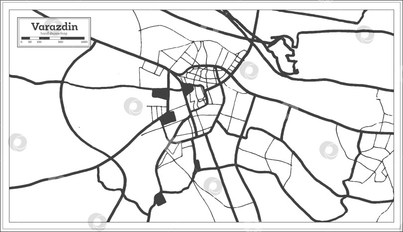 Скачать Карта города Вараждин, Хорватия, выполненная в черно-белом цвете в стиле ретро. Схематическая карта. фотосток Ozero